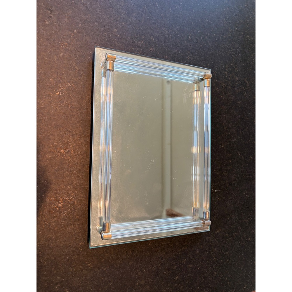 Vintage/ MCM glass mirror vanity tray Lucite art deco regency footed 11" X 8"